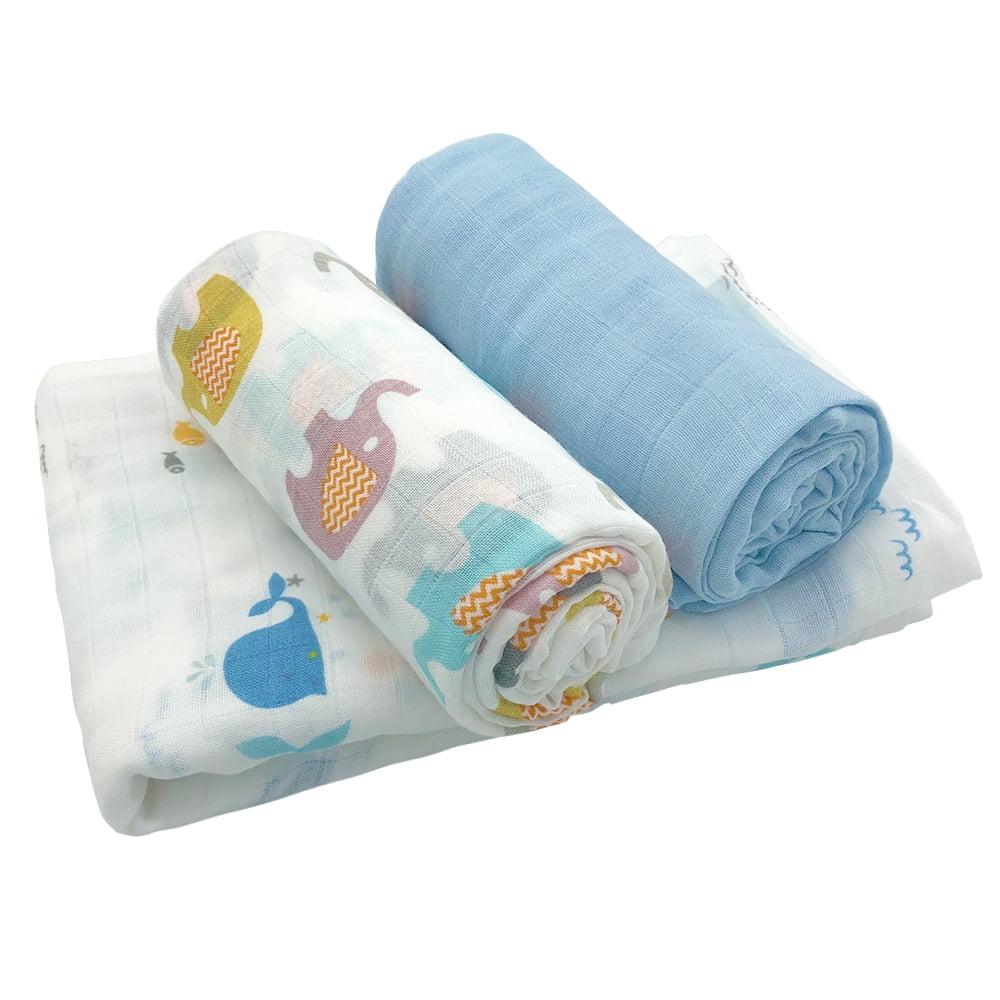 Simple Baby Essentials | Soft Bamboo Muslin Cotton Swaddles - Receiving Blankets | Baby Shower Gift | 3 Pack Large 47'x47' Absorbent Breathable | Boy Light Blue Whale Elephant, Crib