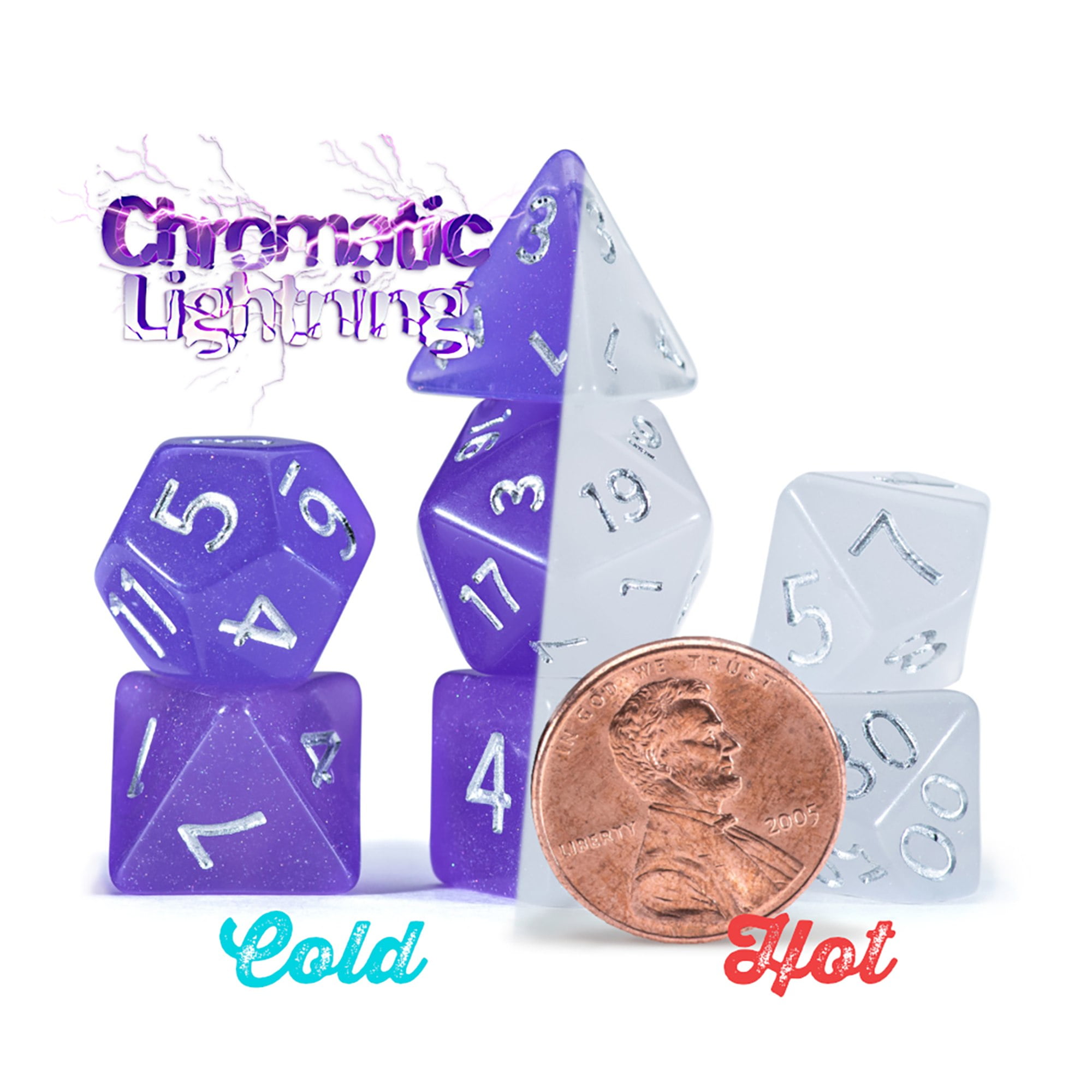 Mighty Tiny Dice: Chromatic Lightning - 7 pc - RPG Dice Set Thermal Color Changing, 12mm Resin, Change Color Purple To White