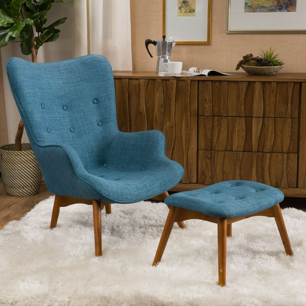 Noble House Henley Mid-Century Modern Wingback Fabric Chair and Ottoman Set, Muted Blue and 