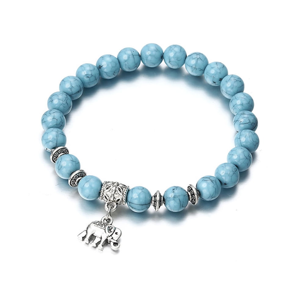 Classic Natural Turquoises Elephant Bracelet Fashion Natural Stone Beaded Stretch Bracelet Best Gift for Men and Women