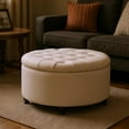 thumbnail image 6 of 28" Round Ottoman, Modern Ottoman with Storage, Tufted Upholstered Footstool with Wooden Legs, Round Coffee Table w/Removable-Top, Chenille Footrest for Living Room, Bedroom, Apartment, White, 6 of 18
