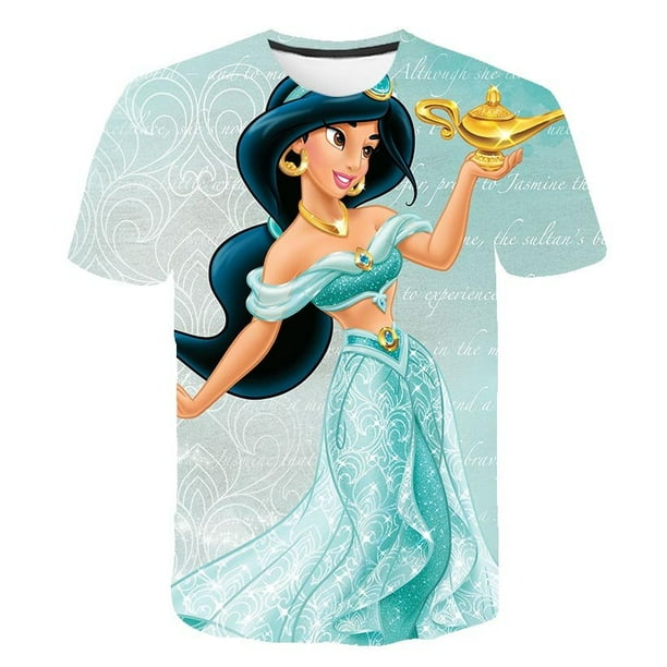 Camiseta de jazmín de Disney para niños, camiseta de verano con dibujos animados, camiseta bonita con estampado 3D para chicas, camiseta de fondo para chicas, camisetas de jazmín de Disney 12T Gao Jinjia LED