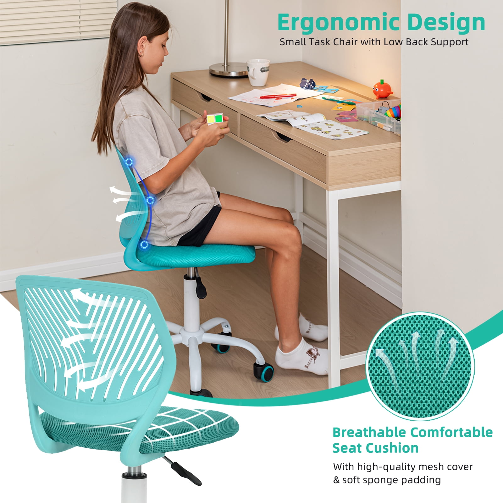 Homy Casa Teens Task Home Office Chair Ergonomic Small Cute Chair, Lumbar Support Breathable Mesh Seat for Student,Turquoise