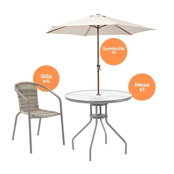 Naterial Set de Comedor para Exterior: Mesa + 4 Sillas + Sombrilla para Jardín Tipo Ratán, Modelo Elías