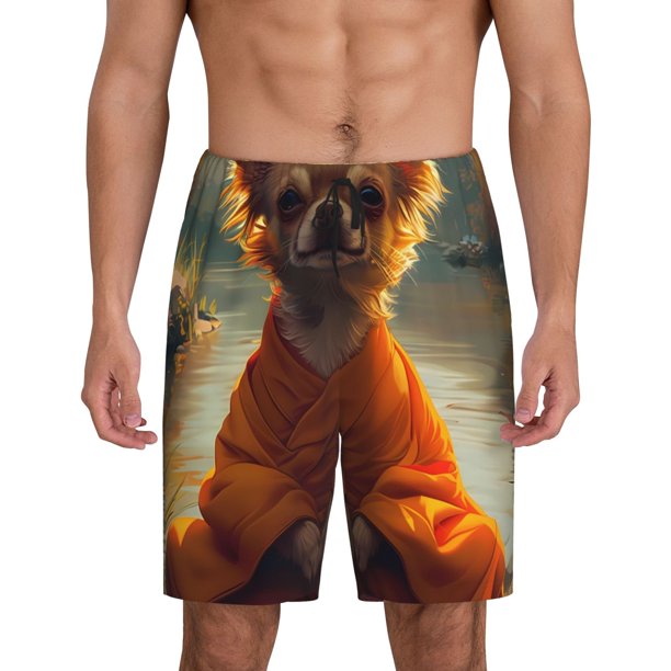 Fotbe Maple Leaf Meditating Chihuahua Pantalones Cortos de Pijama para Hombre, Ropa de Dormir, Pantalones de Pijama Cortos para Hombre-4X-Large