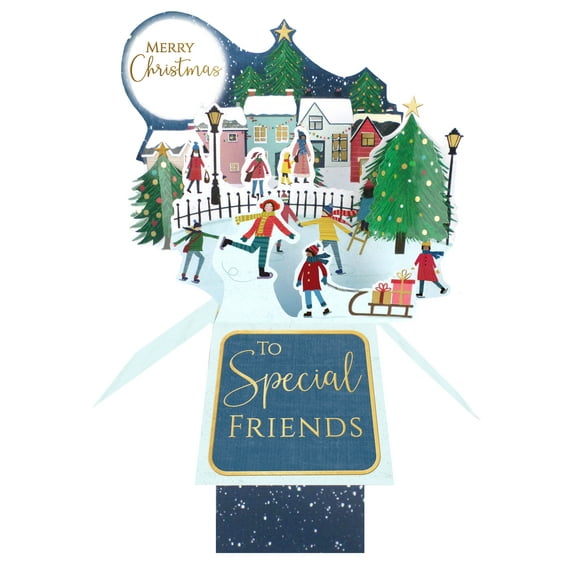 Second Nature Christmas Clever Cube Pop Up Card Special Friends Ice skaters and village