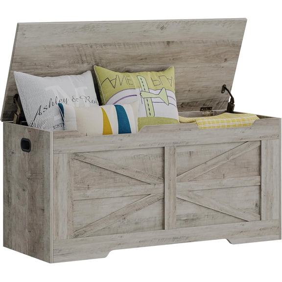 39.4" Storage Chest, Extra Large Storage Trunk with 2 Hinges, Wooden Box Bench, Lift-Top Organizer Chest, Shoe Bench for Entryway, Bedroom, Living Room, Greige SB03405X