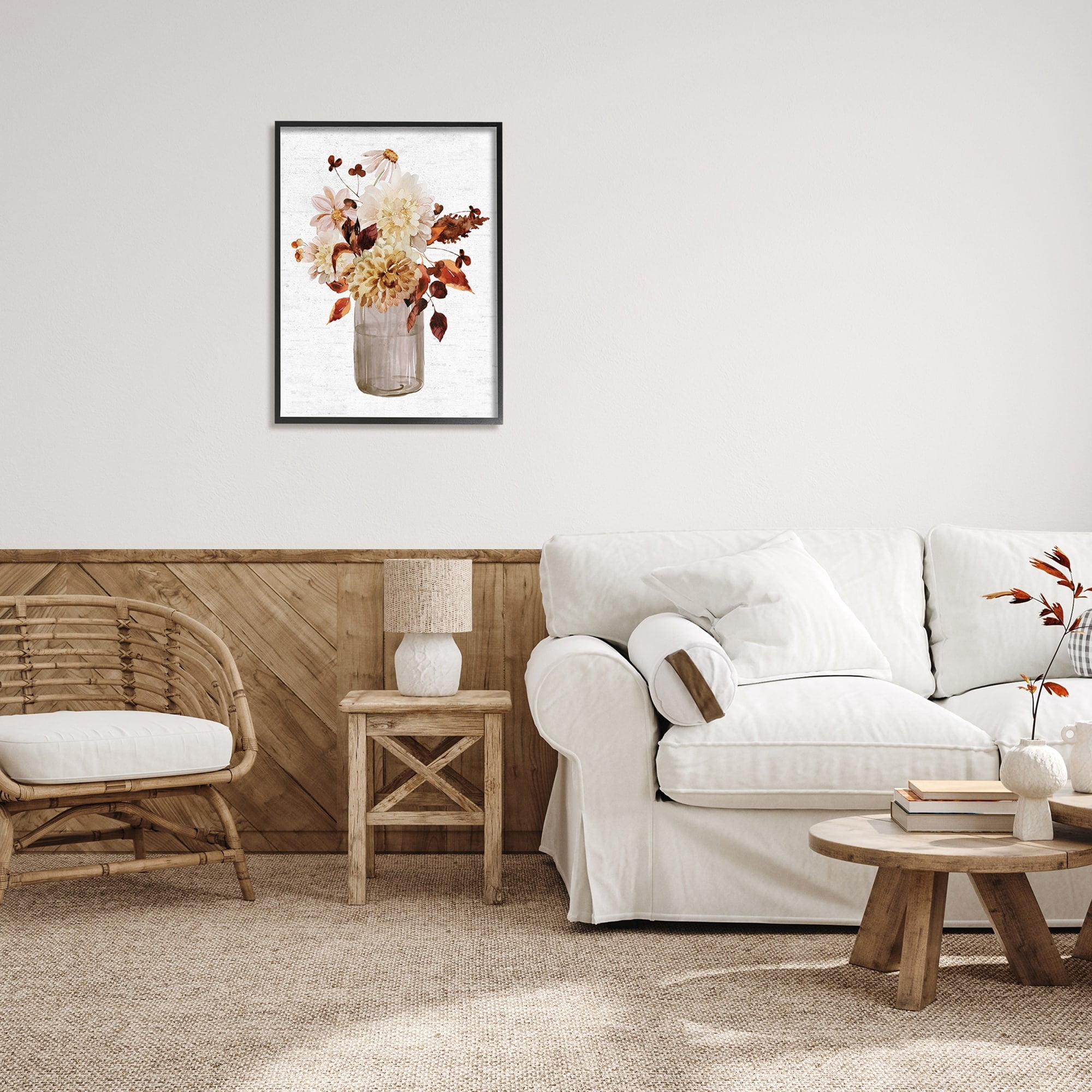 Lovely Autumnal Flower Bouquet Rustic Grain Pattern Botanical & Floral Painting Framed Art Print Wall Art