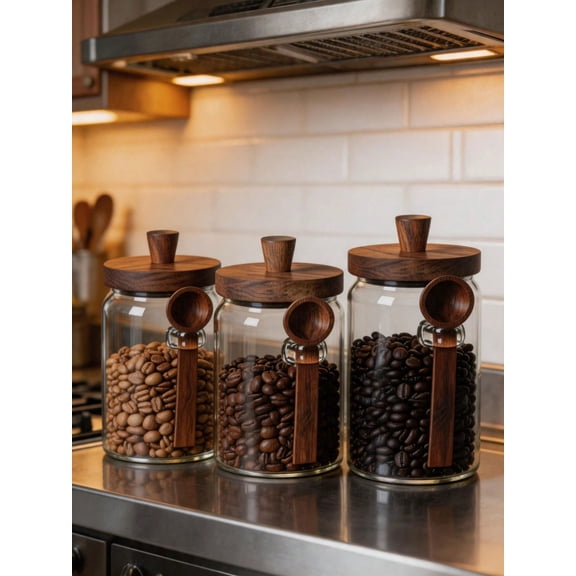 3-Piece Glass Food Storage Jars Set with Wooden Lids and Spoons, 17oz, 22oz, and 27oz Airtight Canisters for Kitchen Pantry and Coffee Bar