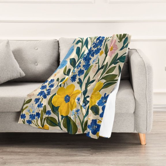 Yellow with Blue Flower Throw Blanket 60" x 90" Soft and Warm Blankets for Couch Sofa and Bed