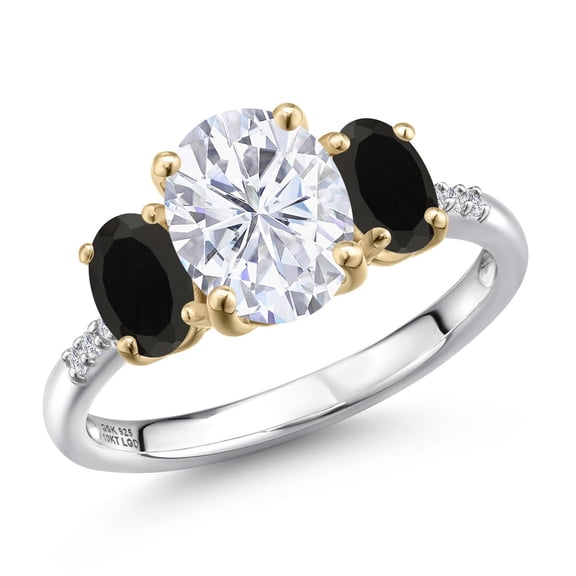 Gem Stone King 925 Silver and 10K Yellow Gold White Moissanite and Black Onyx and Lab Grown Diamond Engagement Ring for Women | 2.96 Cttw | Oval 9X7MM | Birthstone | Size 6