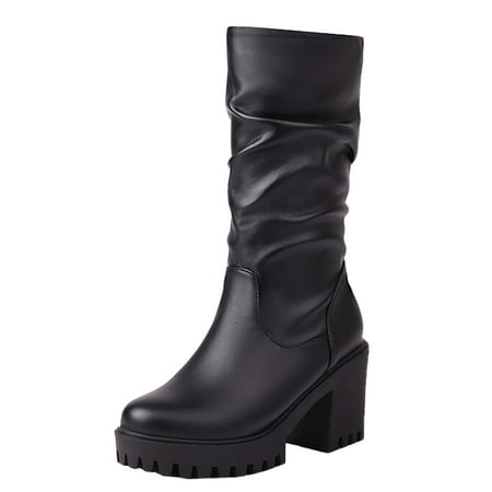 

PMUYBHF Women s Boots New Round Toe Thick Heel Solid Leather Boots Fashion Boots Women s Large Rugged Stacked Boots 49.98