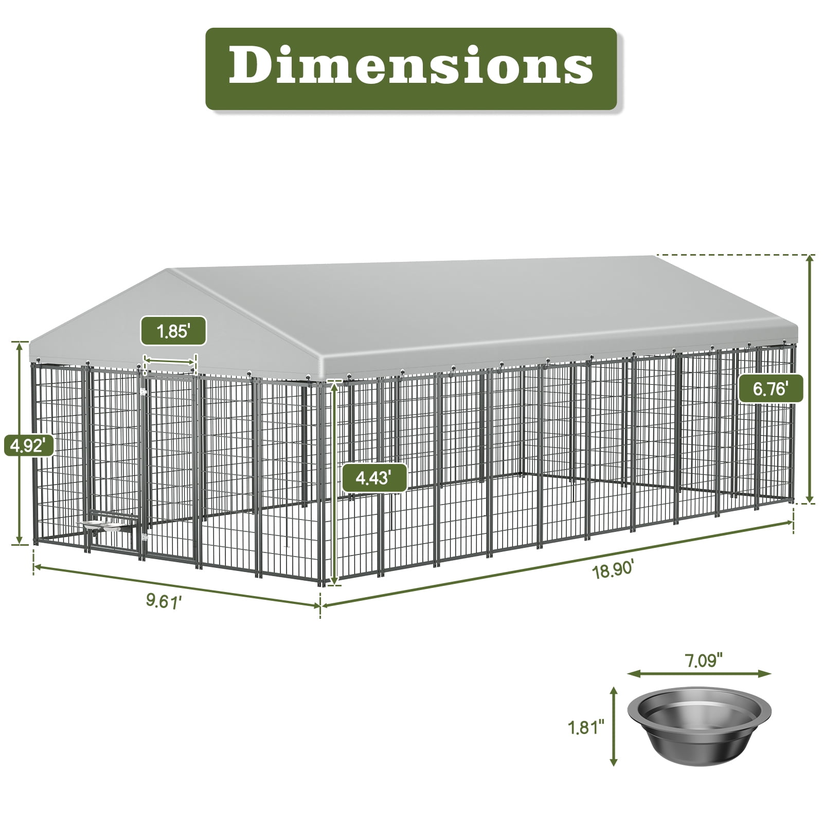 Large Dog Kennel Outdoor Pet Pens Dogs Run Enclosure Animal Hutch Metal Coop Fence with Roof Cover, 18.9'L x 9.61'W x 6.76'H