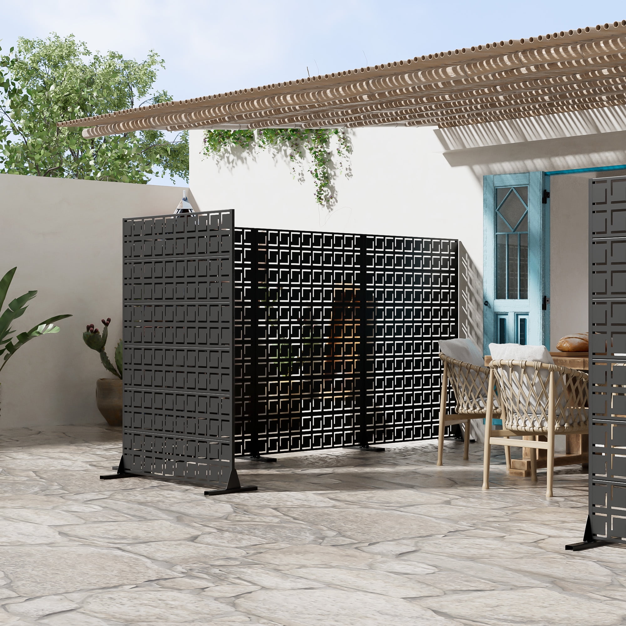 MAYEERTY 72 × 47in Outdoor Privacy Screen with Stand Metal Balcony Decorative Screen, Black