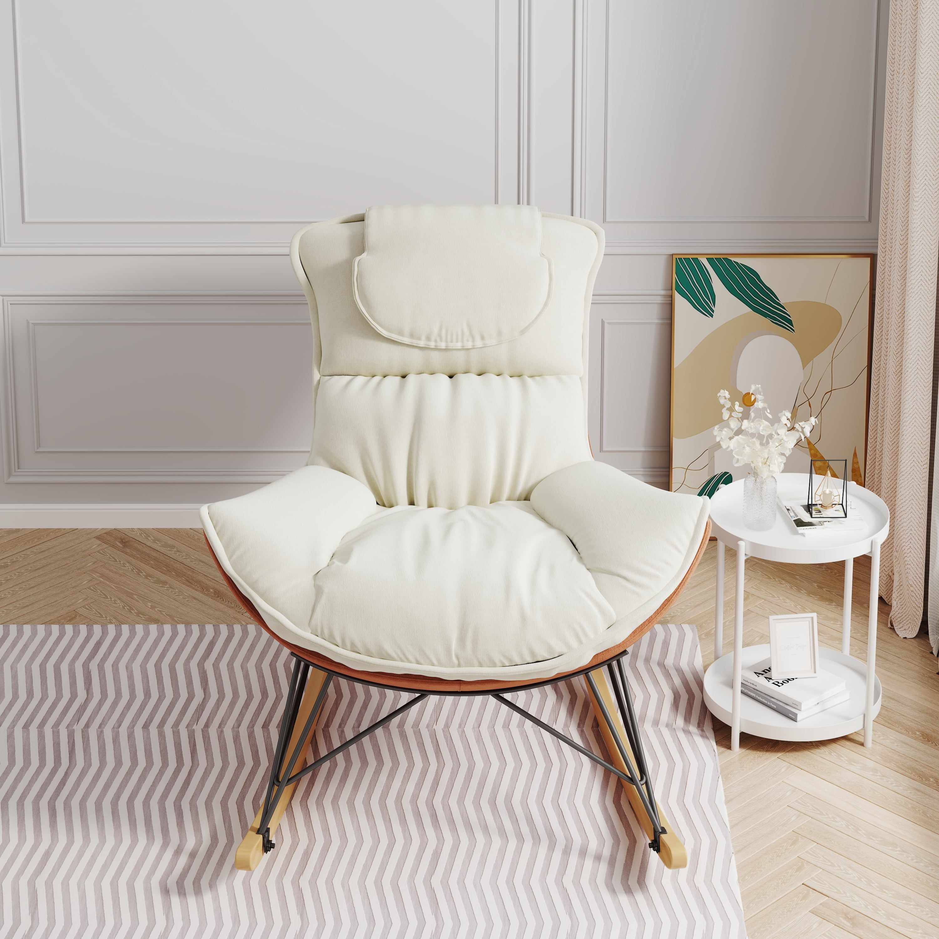 Lunale Upholstered Rocking Chair, Leisure Glider Rocker For Living Room, White Velvet