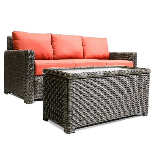 Krikacy Outdoor Wicker 3-Seater Sofa w/Storage Coffee Table, All-Weather HDPE Frame, Orange