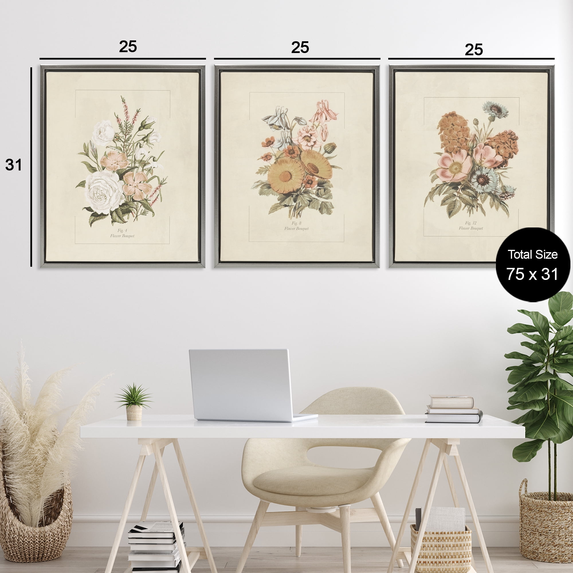 Stupell Industries Neutral Bouquet Studies 3 Piece Gray Framed Floater Canvas Set, design by Dan Meneely