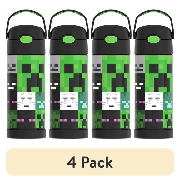 (4 pack) Thermos Kids Stainless Steel Funtainer Bottle with Straw, Dishwasher Safe, Leak Proof, Minecraft 14 oz