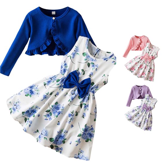 WERYOUNG Girls Outfits Floral Print Sleeveless Bow A Line Dresses Lightweight Long Sleeve Ribble Knit Ruffle Cardigan 2 Piece Sets Trendy Clothing Sets 2-3 Years