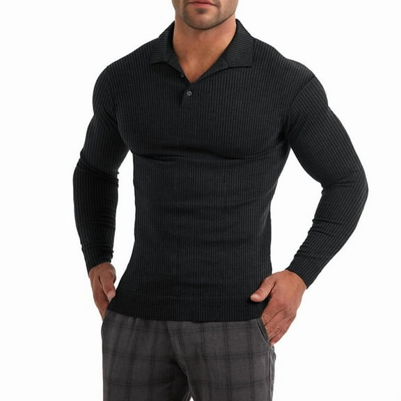 Ambiloof Mens Knit Polo Shirts Long Sleeve Shirt Casual Lightweight Fashion Textured Collared Pullover Golf Athletic T-Shirts Black/M