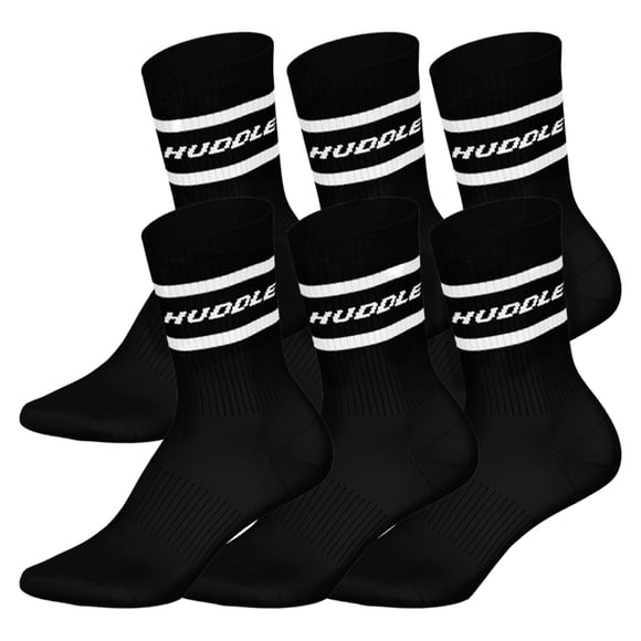 HUDDLE Calcetines Unisex, pack de 6 – Rayas, logo, crew, calcetines deportivos, color liso Negro 35-38