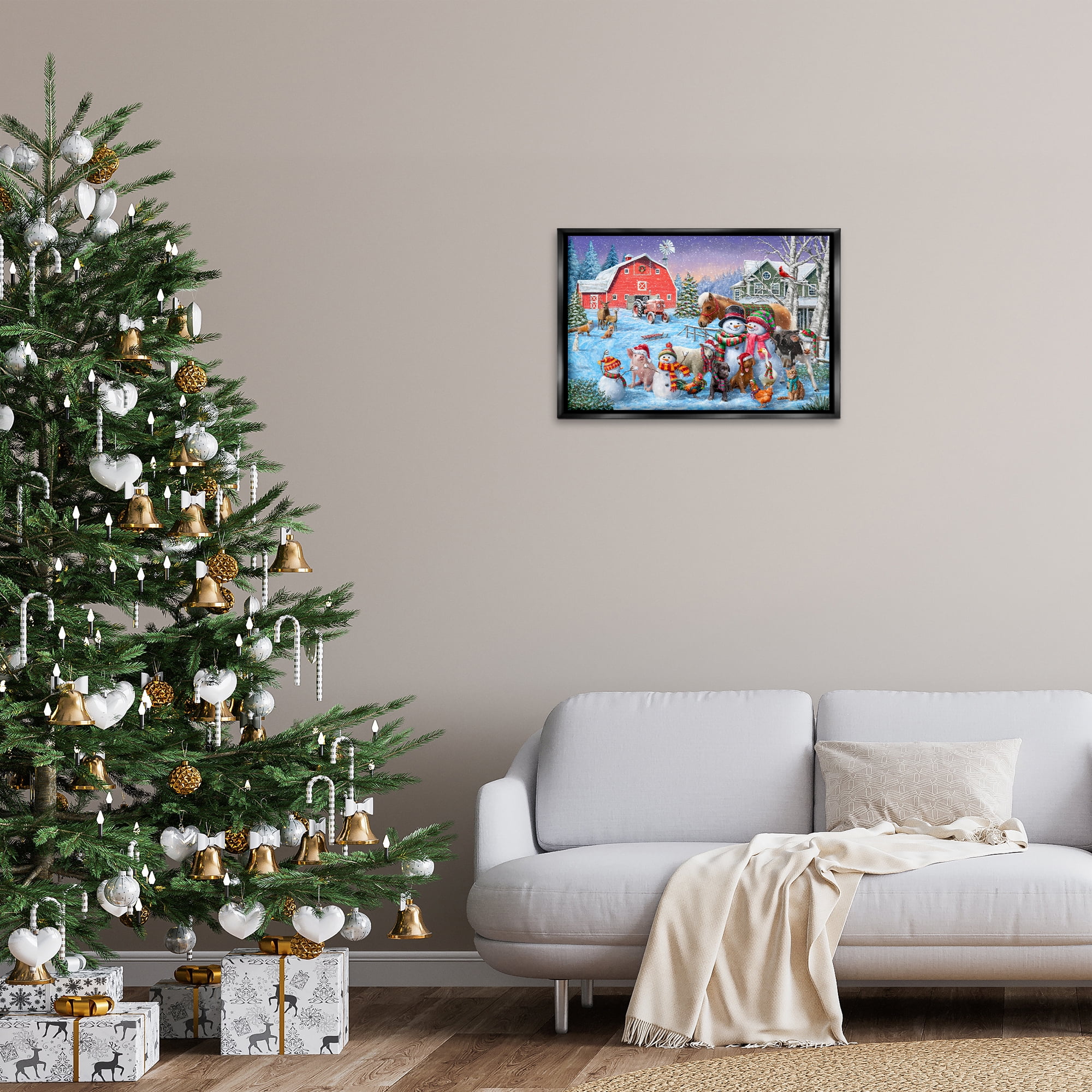 Stupell Industries Snowman & Dogs Family Holiday Painting Black Floater Framed Canvas Art Prints Wall Art, 25 x 17