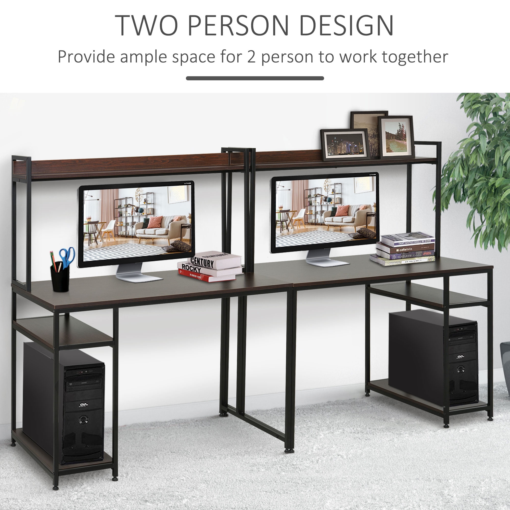 HOMCOM 94.5in Industrial Double Computer Desk with Hutch and