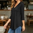 thumbnail image 5 of Women's Plus 3/4 Sleeve Tunic Tops Drawstring Hoodie V Neck Loose Fit Curved Hem Hooded Shirts to Wear with Leggings Fall Casual Outfits, Black, XXL, 5 of 10