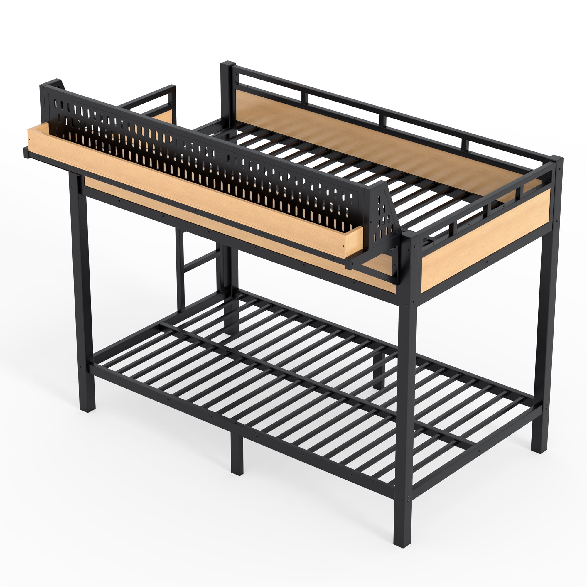 Leumius Metal Bunk Bed with Storage Shelves and Pegboard,Twin XL over Twin XL Size Bunk Bed Frame with USB Ports and LED Lights, Space-Saving,Natural