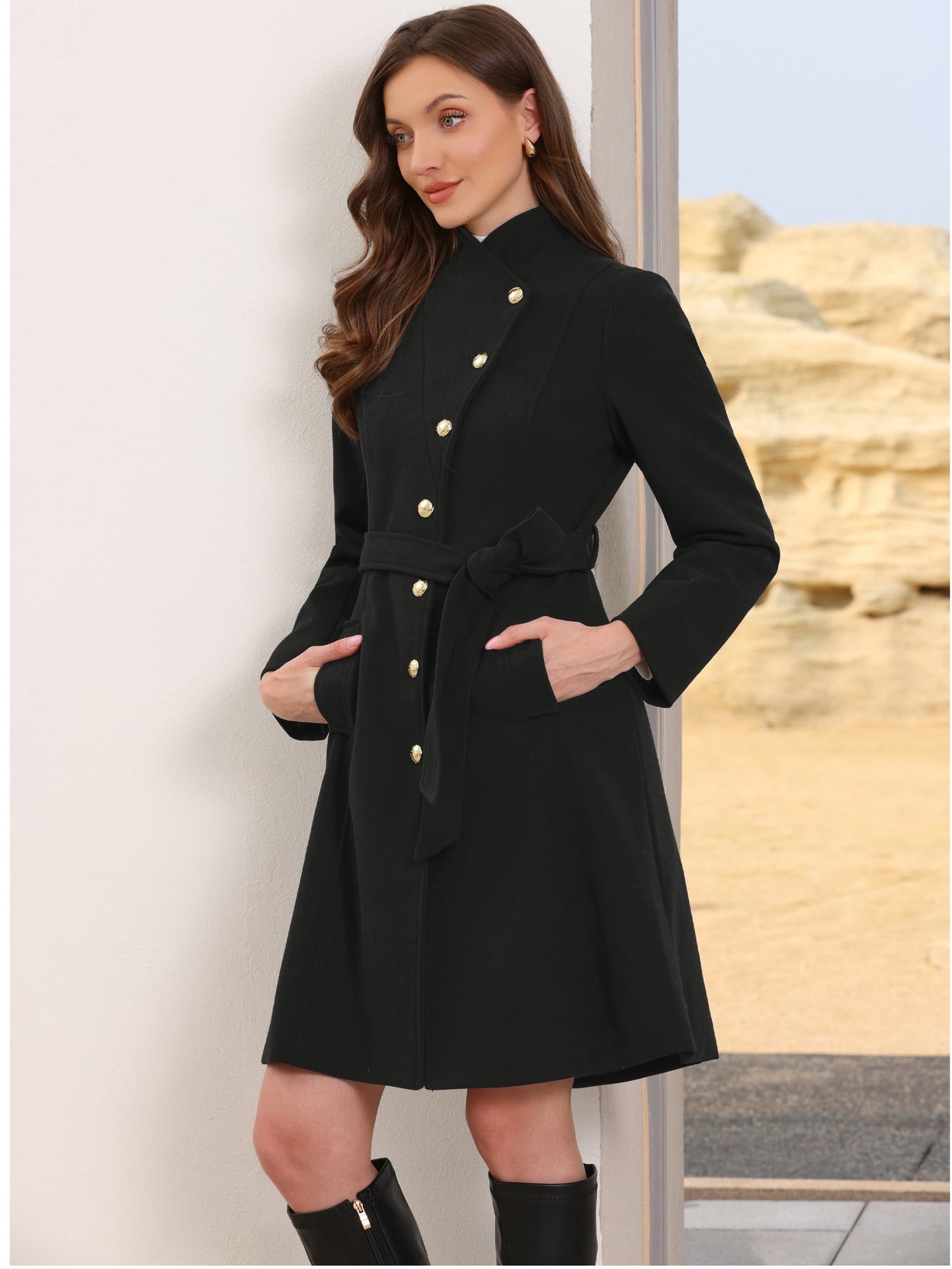 DARING DIVA Women's Stand Collar Belted Single Breasted Trench Pea Coat S Black