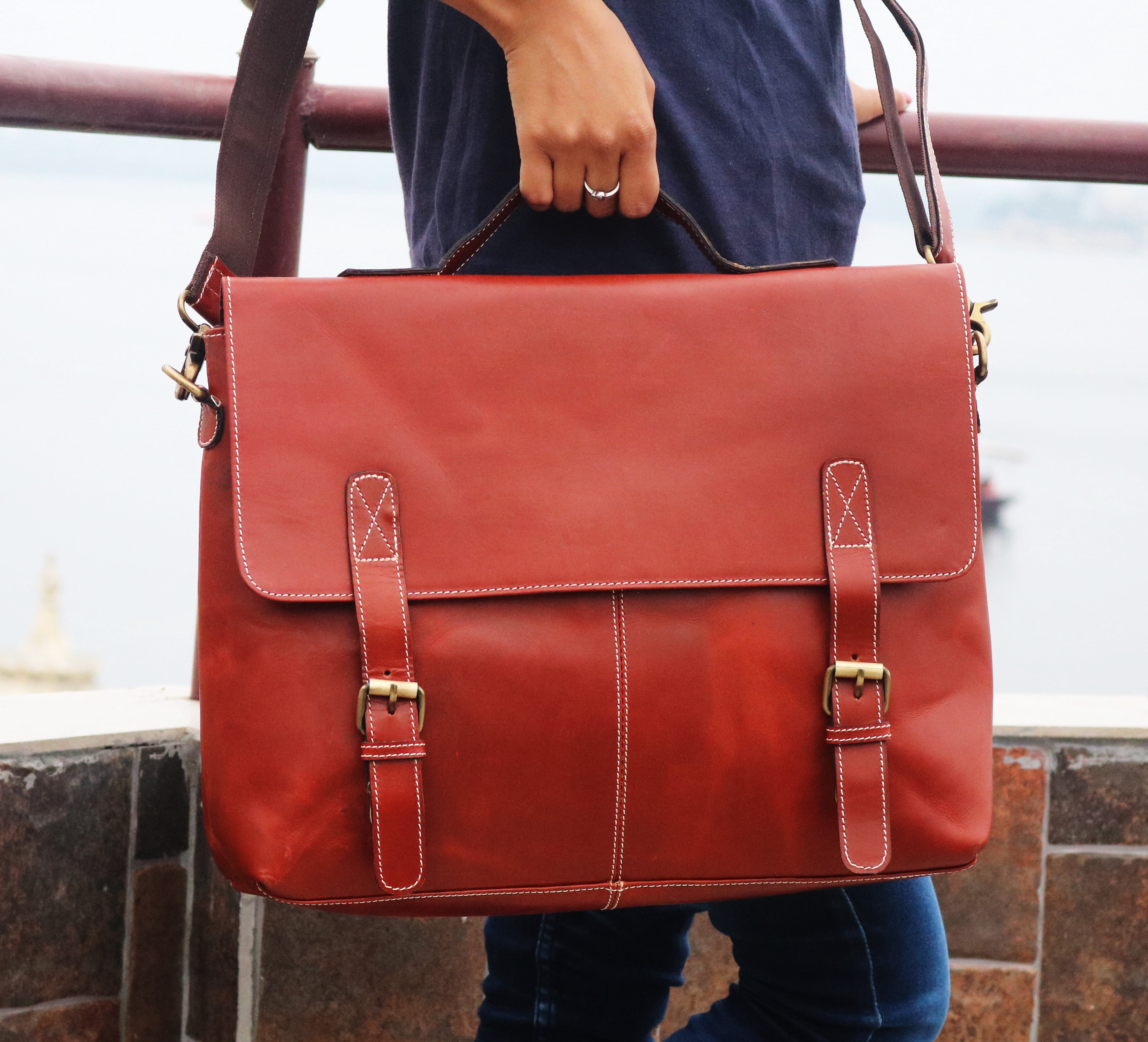 15 inch genuine leather briefcase bag - Handmade crossbody laptop satchel (Orange )