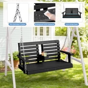 KINGYES Outdoor Hanging Swing Chair, HDPE 3 Seats Porch Swing with Cup Holders, 660LBS Weight Capacity, Black