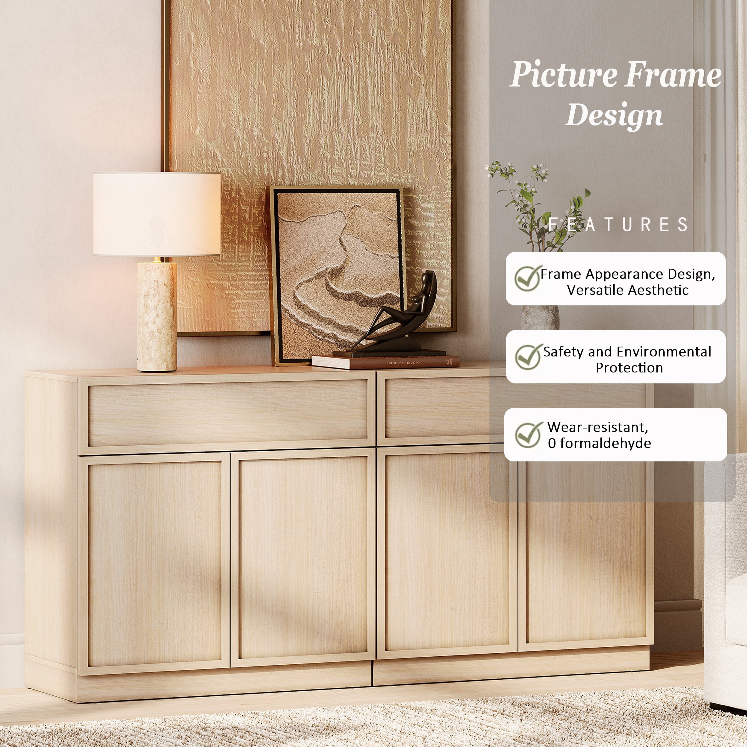 63" Modern Sideboard Buffet Cabinet with 4 Doors and Drawers, Multifunctional Sideboard with Large Storage and Adjustable Shelf, Beige