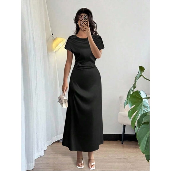 Black Satin Cowl Neck Short Sleeve Maxi Dress For Elegant Day Or Evening Wear