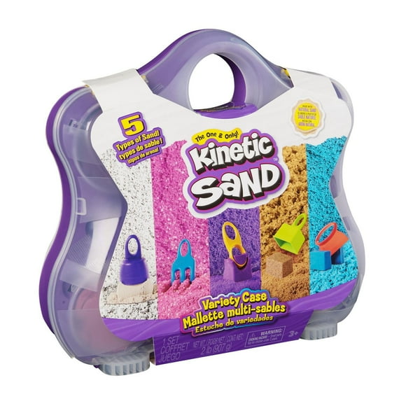 Kinetic Sand, Variety Case with Beach, Neon & Shimmer Play Sand (2lbs) & 5 Tools, Reusable Storage, Sensory Toys, Christmas Gifts for Kids Ages 3+