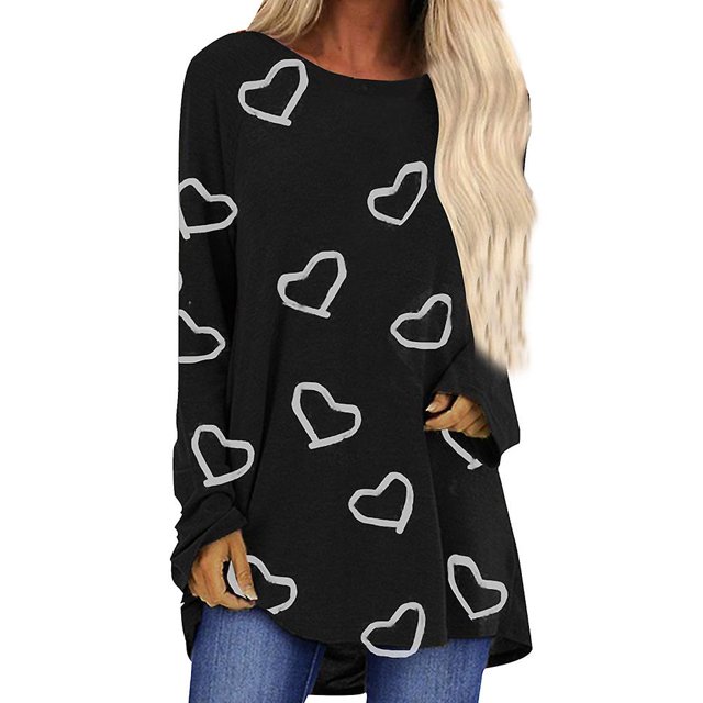 Camiseta de manga larga con corazón para mujer, cuello redondo, blusa suelta para mujer, túnica, Tops informales