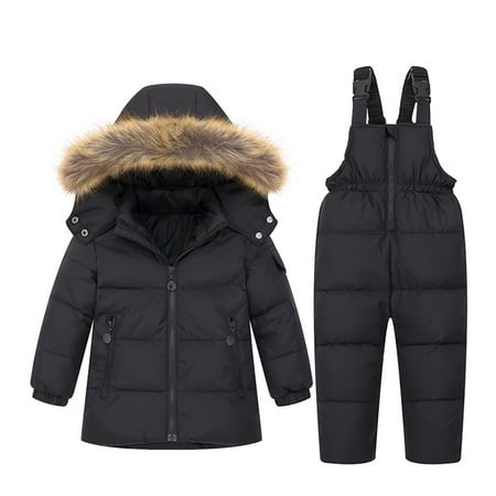 

jsaierl Detachable Hooded Collar Children s Warm Ski Suit Suit Top+suspenders