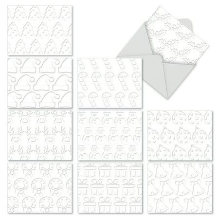 'M3260 CHRISTMAS CUTOUTS' 10 Assorted All Occasions Notecards Featuring White-On-White Christmas Icons with Envelopes by The Best Card