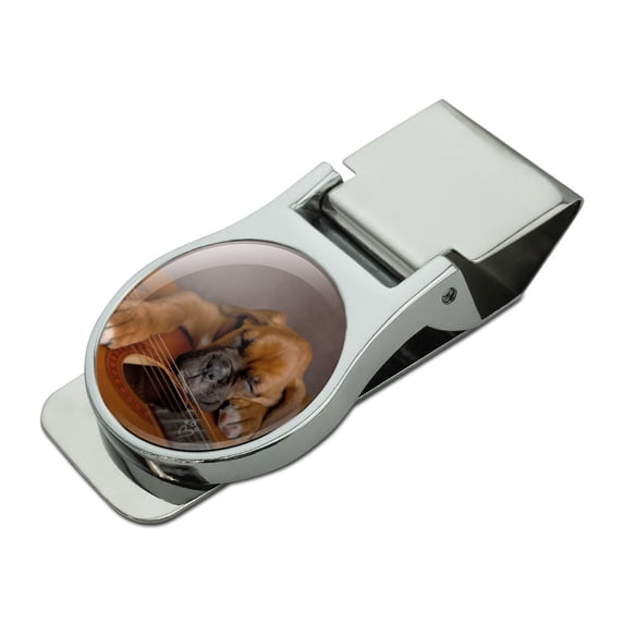 Boxer Puppy Dog Sleeping on Guitar Satin Chrome Plated Metal Money Clip