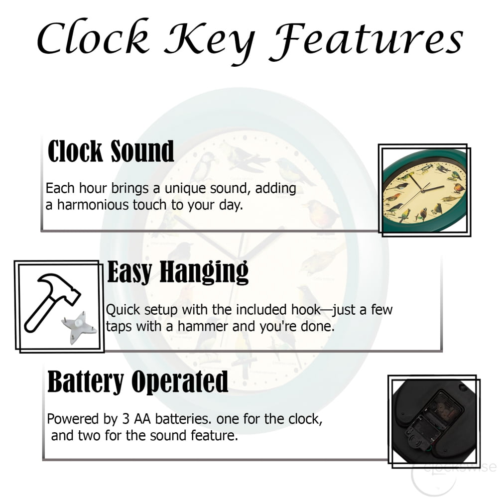 Clockswise 12" Round Decorative Singing Bird Wall Clock Battery-Operated with Wild Nature Sounds Hourly Chime and Non-Ticking for Home Office Kitchen Dining Bedroom Classroom and Living Spaces, Green