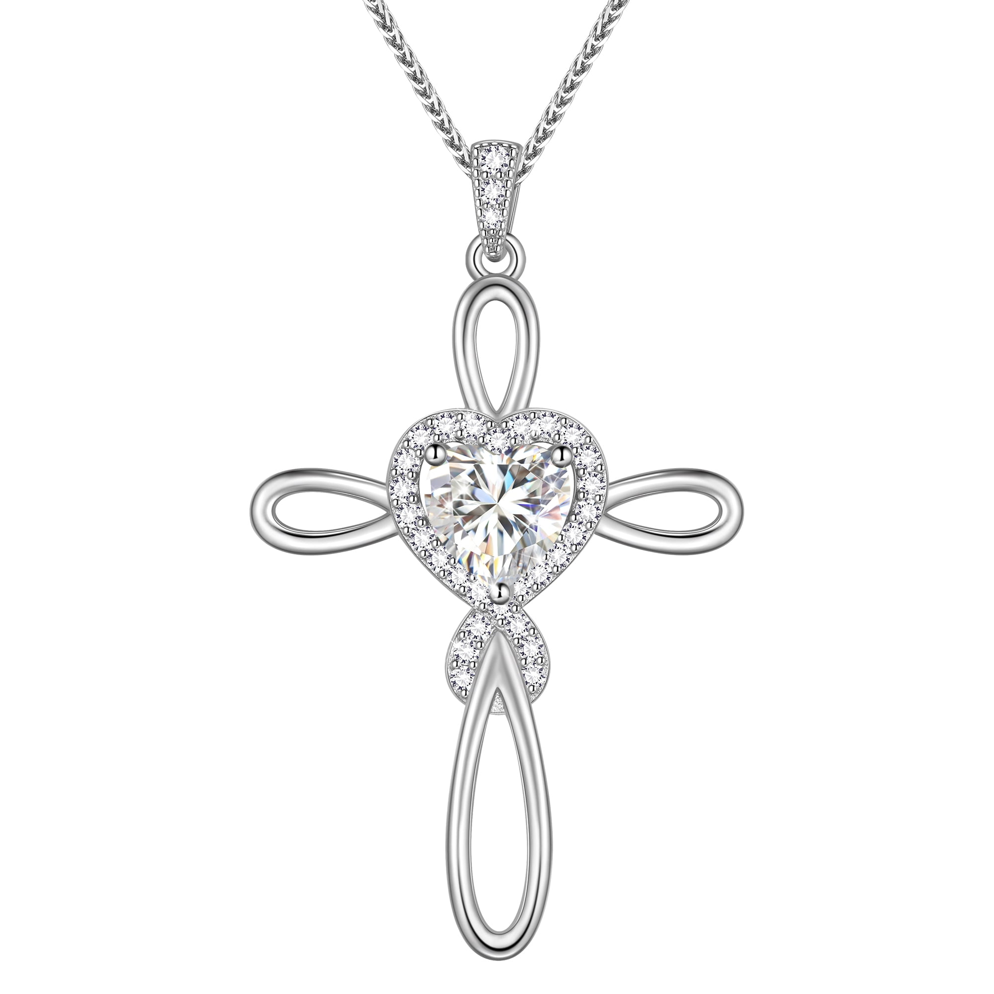 Beautlace 1 Carat Moissanite Cross Necklace,18K White Gold over Stering Silver Heart Birthstone Pendant Necklace Jewelry Birthday Christmas Valentines Gifts for Women