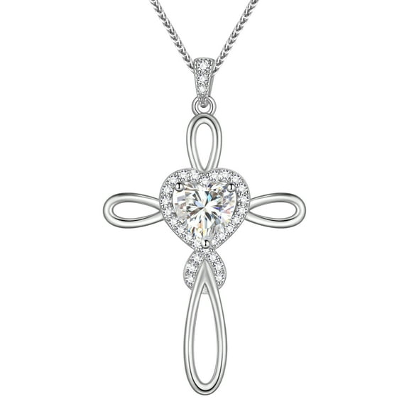 Beautlace 1 Carat Moissanite Cross Necklace,18K White Gold over Stering Silver Heart Birthstone Pendant Necklace Jewelry Birthday Christmas Valentines Gifts for Women