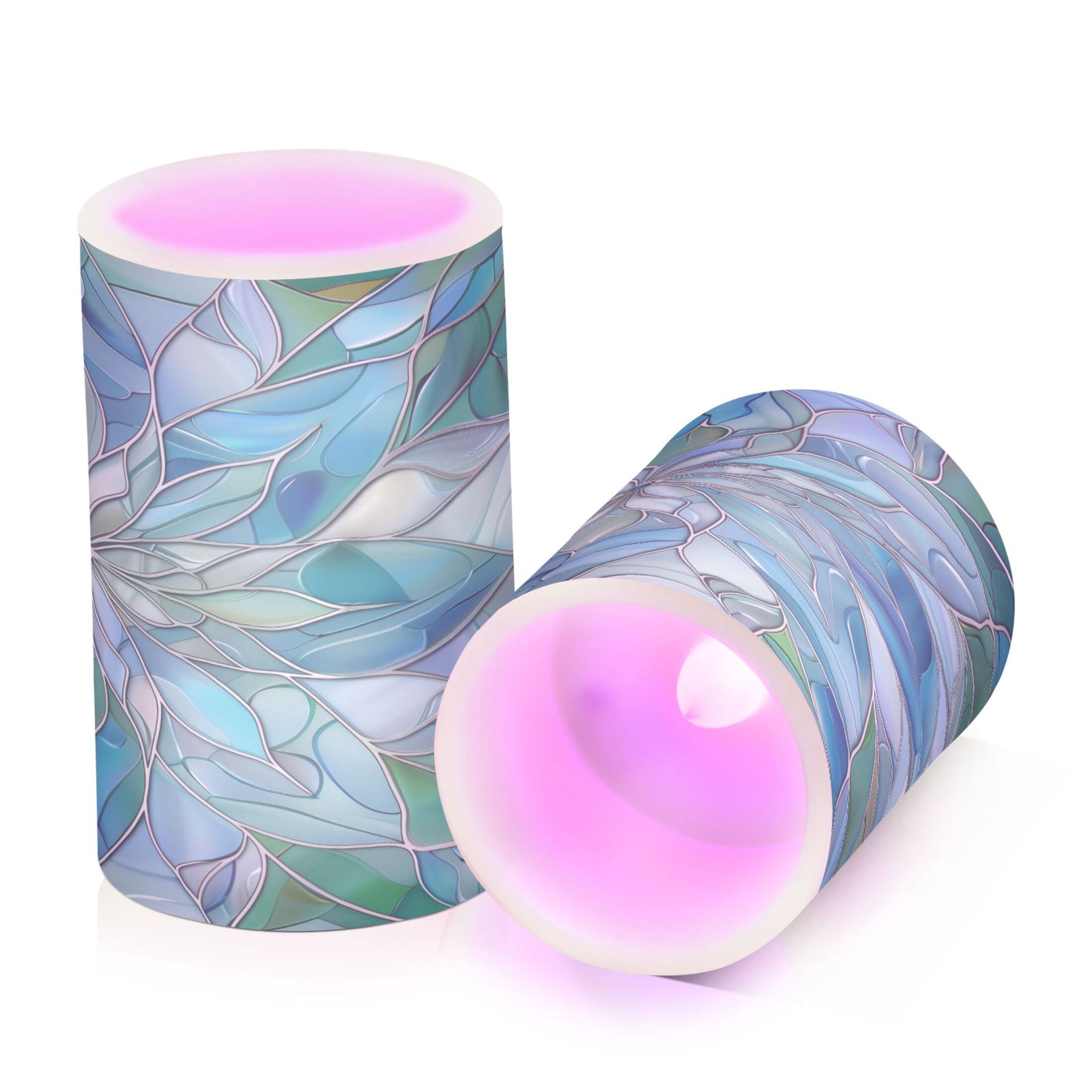 Flickering Flameless LED Candles set of 2 Battery Operated 18-Key Remotes Timer Halloween Fall Decor Blue Green Floral Stained Glass D3''xH4''5''