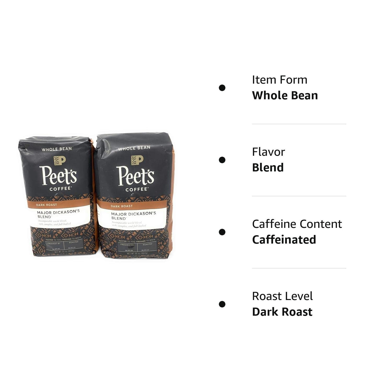 Peets Coffee, Major Dickason's Blend, Whole Bean 32oz (Pack of2)