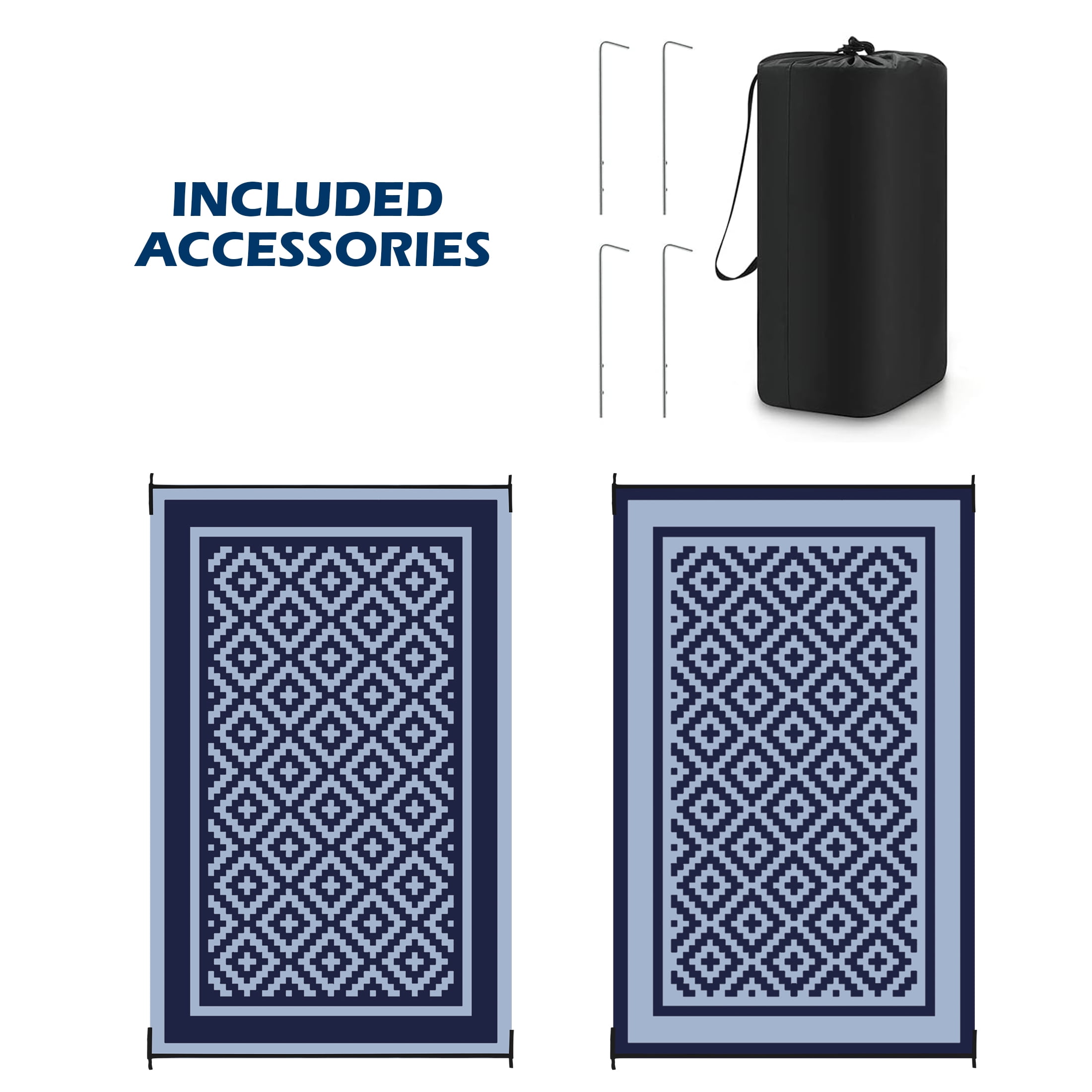 Kohree Outdoor Plastic Straw Rug 9'x12' ,Waterproof Mat with 4 Corner Loops Indoor Outdoor for RV, Camping, Deck ,Balcony (Blue & Light Blue)