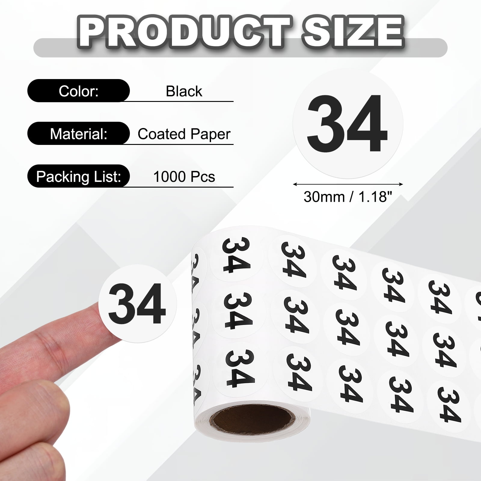 Uxcell 1000pcs 1.2" Number Stickers, Number 34 Sticker Numbers Labels Round Small Vinyl Self Adhesive Label Circle Decals 1 Roll Dots for Photo Album Poster Organize Inventory, Black