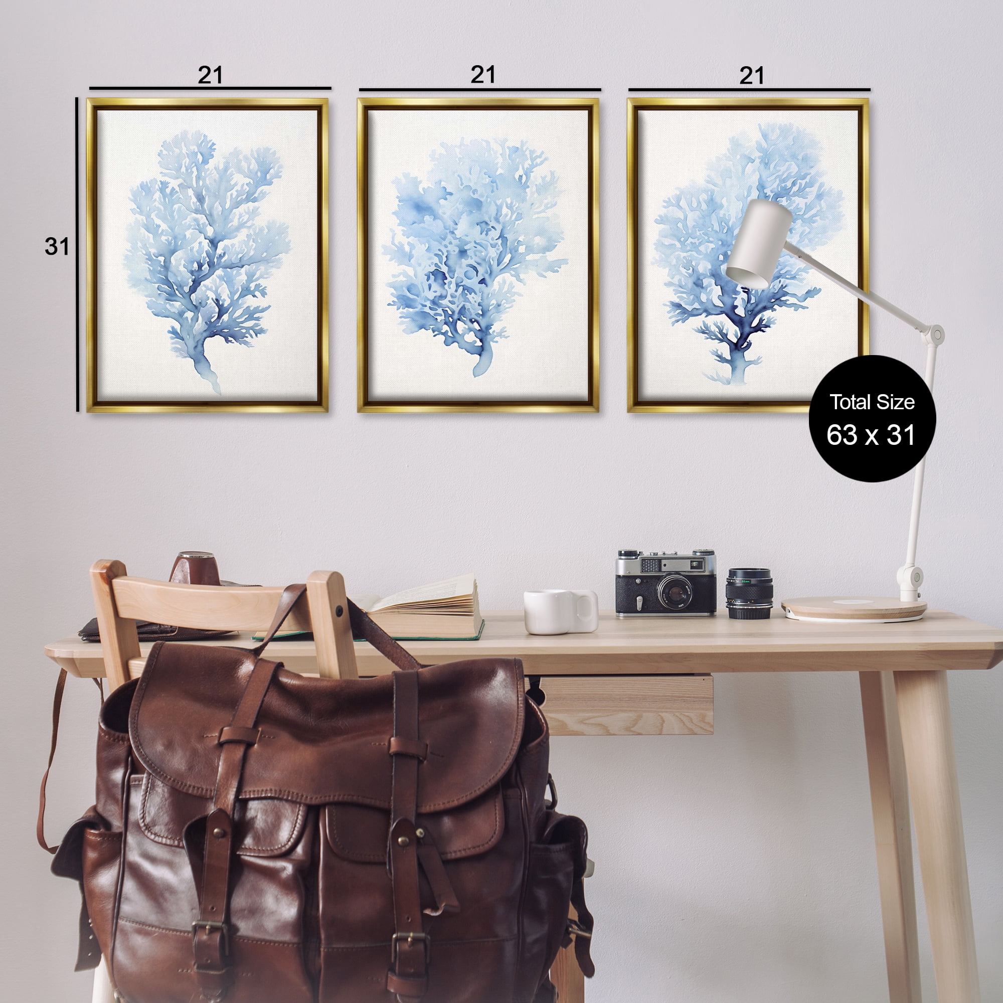 Stupell Industries Indigo Coral Watercolors Nautical & Beach Painting Gold Floater Framed Canvas Art Print Wall Art, 21 x 31, Set of 3