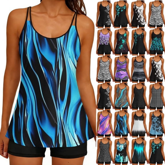 ZHYou Womens Two Piece Tankini Swimsuits Plus Size Printed Tummy Control Push Up Long Torso Top and High Waisted Boyshorts Bathing Suits ,Black,Size S-2XL