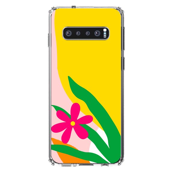 DistinctInk Clear Shockproof Hybrid Case for Samsung Galaxy S10 (6.1" Screen) - TPU Bumper, Acrylic Back, Tempered Glass Screen Protector - Summer Vibes Bold Flower Pink Green Yellow