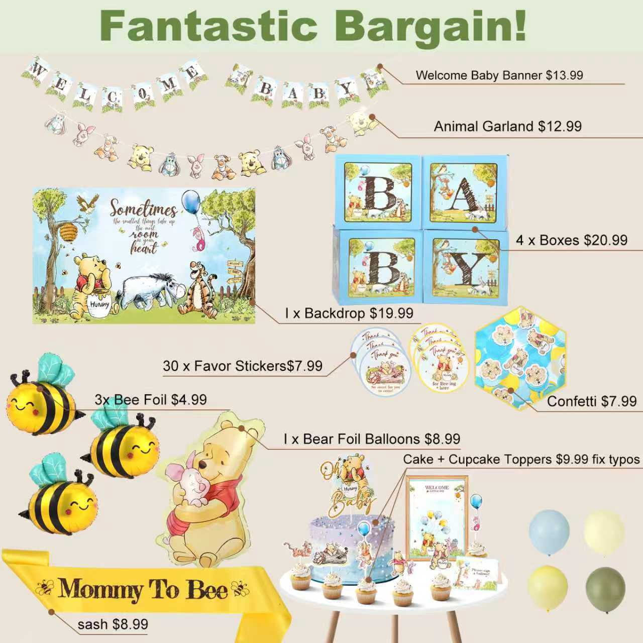 271 Pc Classic Winnie the Pooh Baby Shower Decorations for Boy, Blue Vintage Pooh Bear Balloon Arch Kit with Backdrop, Banner, Baby Boxes, Sash and Table Decorations